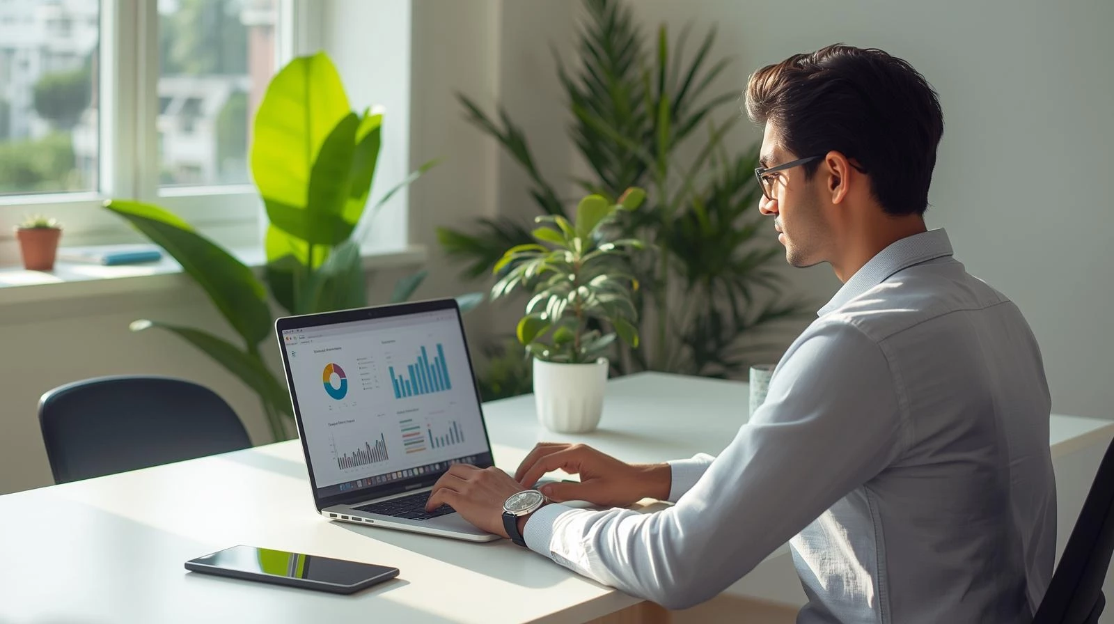 Entrepreneur working on laptop in modern workspace building online side hustle business